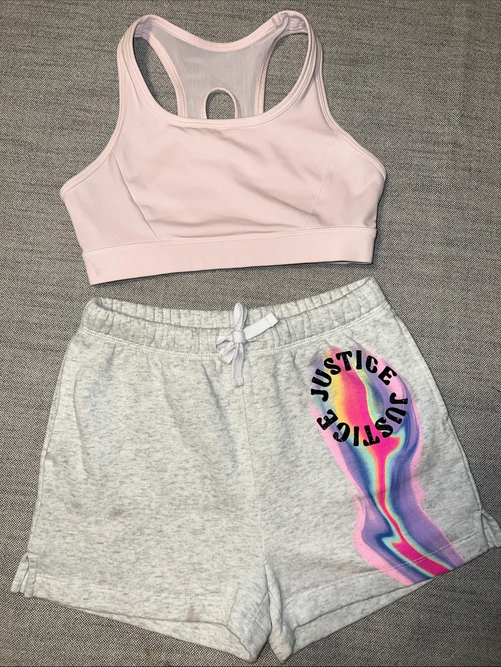 Justice Light Pink Sports Bra with Gray Shorts and Rainbow Logo